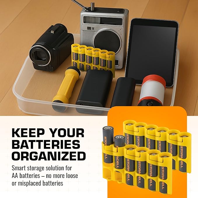Storacell Slimline AA-6 Battery Storage Caddy and Dispenser (Pack of 2), Yellow, Holds 6 AA Batteries (Not Included), Durable & Compact Design, The Original Battery Caddy, Made in The USA