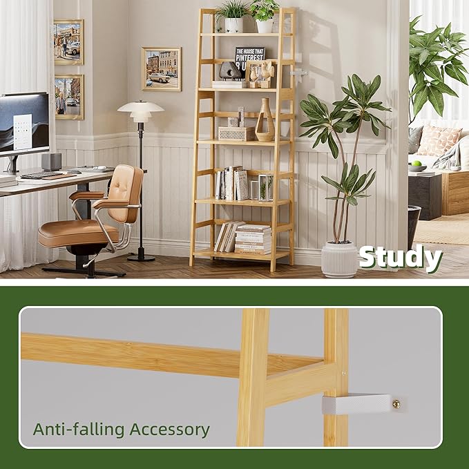Ladder Shelf, 5-Tier Bookshelf, All Bamboo Heavy Duty Bookcase, Freestanding Open Wood Storage Rack, Modern Corner Display Plant Stand for Living Room, Home Office, Bathroom, Bedroom, Natural