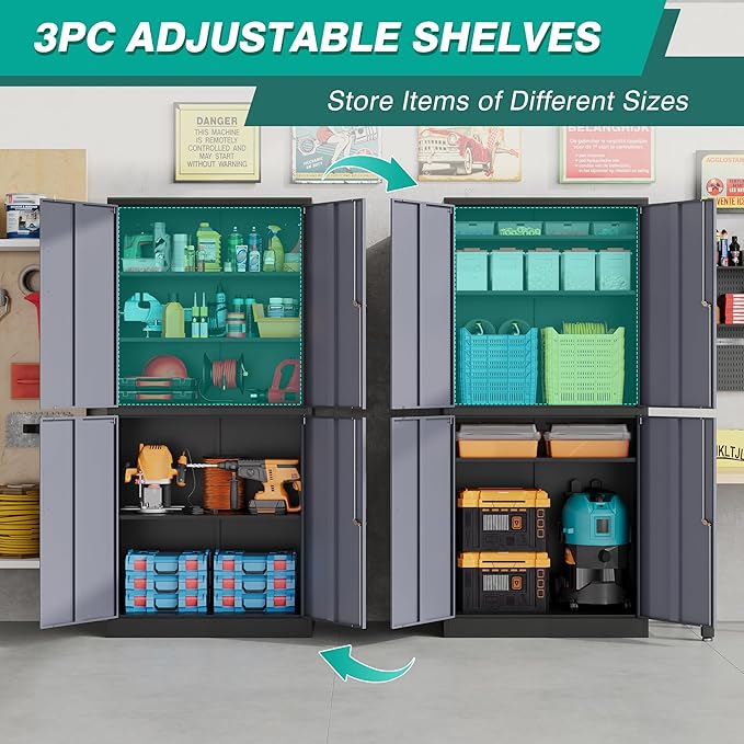 Metal Storage Cabinets with Doors and Shelves,71" Metal Garage Storage Cabinet with Lock,Gray Steel Cabinet with Locking Doors,4 Door Lockable Storage Cabinets for Garage,Home,Office
