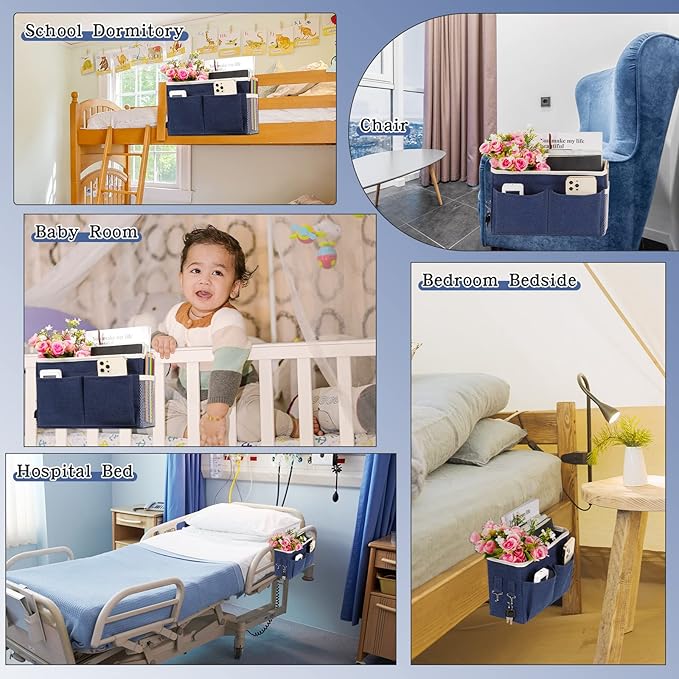 Bedside Caddy Bedside Storage Organizer Hanging Bunk Bed Dorm Room with Side Pockets for Water Bottles, Books, Cell Phones, Headphones (Dark Blue)