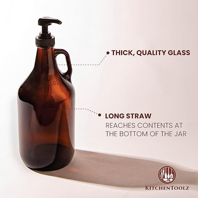 Half Gallon Glass Pump Dispenser Bottle, Large Jug with Pump for Laundry Soap Dispenser, Liquid Detergent, Fabric Softener, Syrup Pump - 64 oz Capacity - Amber Bottle- Pack of 2, by Kitchentoolz