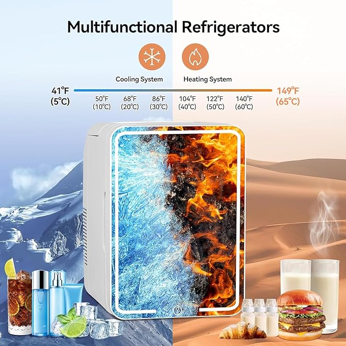 12L Skincare Fridge with Mirror & LED Lighting, 3-Mode Dimmable, Cooler & Warmer for Makeup, Cosmetic, Beauty, Portable Mini Beauty Fridge for Bedroom, Vanity, Car & Home Use