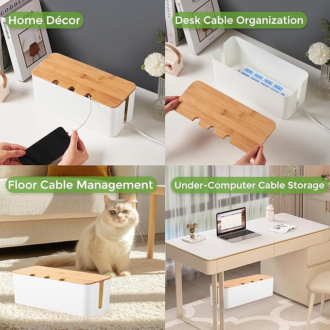 Cable Management Box 2 Pack, Cord Cable Organizer Box with Bamboo Lid, Under Desk Cable Management with 10 Cable Ties and 2 Cable Clip Holders for TV Router Computer USB Hub