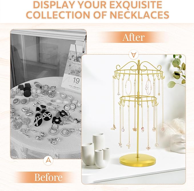 iDavosic.ly 2 Tier Rotating Necklace Holder Organizer with 42 Hooks, Adjustable Metal Bracelet Display Stand Rack, Extra Tall Keychain Spinning Tree Tower for Women, Gold