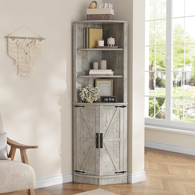 Vabches 64.8" Tall Farmhouse Corner Cabinet, Corner Shelf with 2 Barn Doors & Storage Shelves, Home Space Saver with Storage for Bathroom, Living Room, Entryway, Kitchen, Washed Grey