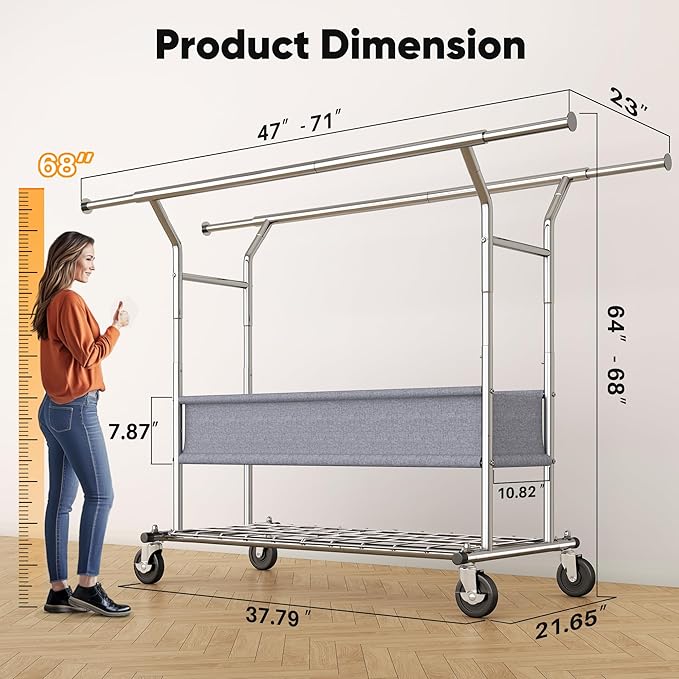 HOKEEPER Clothing Rack Heavy Duty Clothes Rack for Hanging Clothes Load 625LBS Extendable Double Rod Clothes Rack, Adjustable Rolling Garment Rack with Wheels, Basket & Shelves 71.2''W*23.6''D*68.5''H