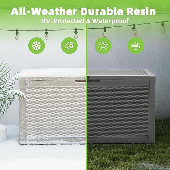 EasyUp 150 Gallon Outdoor Storage Box Waterproof, UV Resistant Resin Deck Box with Hydraulic Rod, Reinforced Stability for Patio, Garden, and Pool, Striped Gray