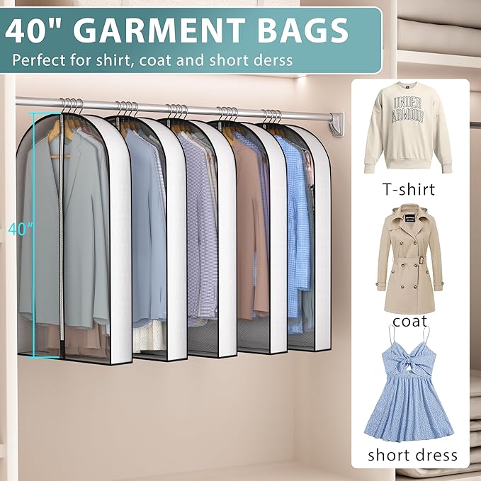 40” Garment Bags for Hanging Clothes 4” Gusseted - with Clear Window, Breathable Fabric, Metal Zipper, Suit Coat Dress Protector for Clothes Closet storage, Season Off, Moving, 5 Pack