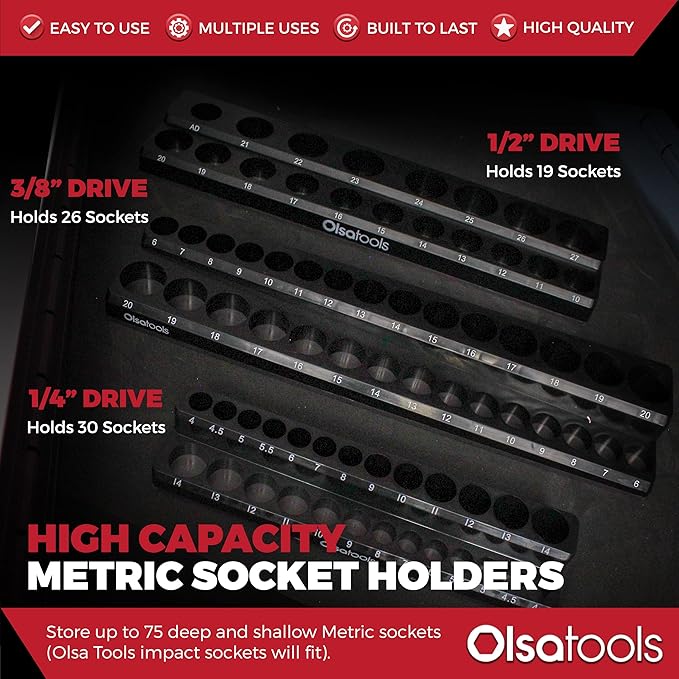 Olsa Tools Magnetic Socket Organizer | 3 Piece Socket Holder Kit | 1/2-Inch, 3/8-Inch, & 1/4-Inch Drive | Metric Black | Holds 75 Sockets | Professional-Grade