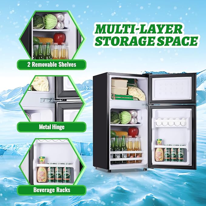 2.4 Cu.ft Mini Fridge with Top Freezer Apartment Size Dual Door Compact Refrigerator for Personal Use Small Fridge with Egg tray, 7 Temperature Control For Dorm, Black