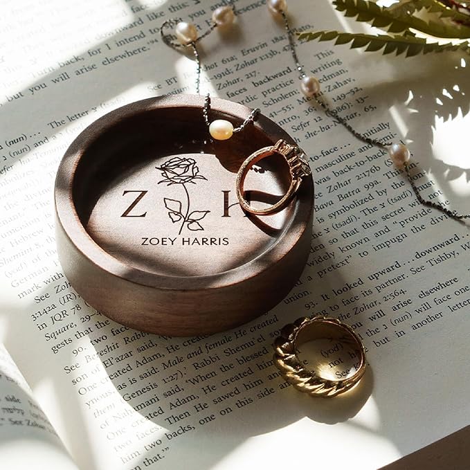 Walnut Wood Ring Holder, Engraved Jewelry Dish and Storage Tray, Unique Gift for Her, Valentine’s Day Gift (Customize, round)