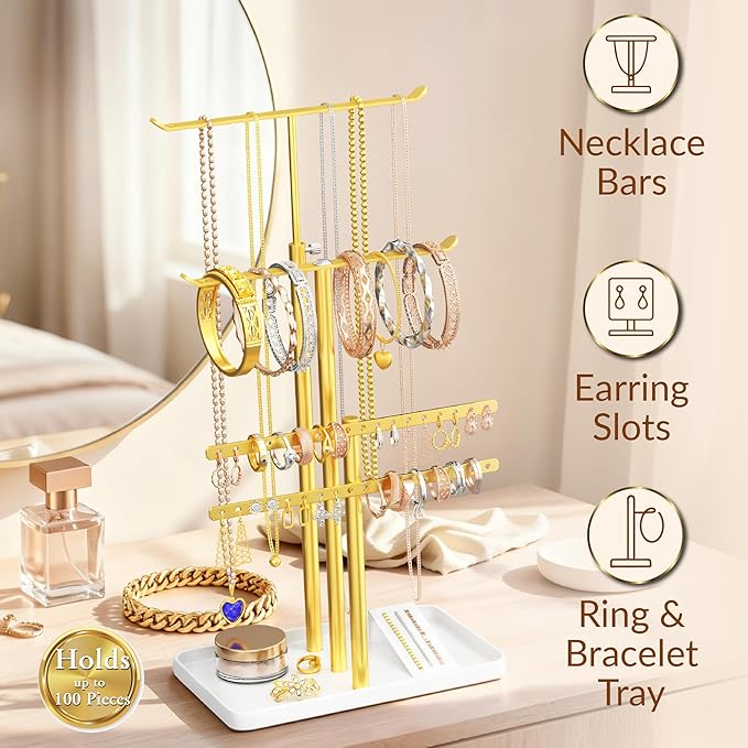 Jewelry Tower Stand Organizer for Women - Elegant Jewelry Holder Display with Necklace Holder, Earring Organizer & Bracelet Rack - Tabletop Jewelry Stand for Dresser, Vanity, Desk