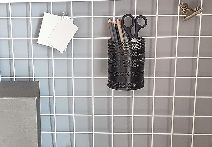Metal Hook Wall Mounted Pen Pencil Holder, Office Desk Organizer with Hook for Hanging on Wire Mesh Wall Grid Panel (Black, Mid)