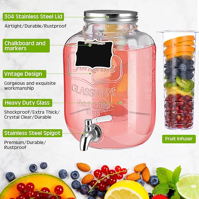 Lallisa 2 Pcs 2 Gallon Glass Drink Dispenser with Stand Ice Cylinder Hanging Chalkboard Signs 18/8 Stainless Steel Spigot Beverage Dispensers for Parties Mason Jar Drink Lemonade (Silver Spigot)