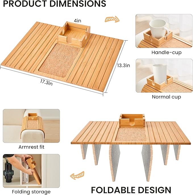 Bamboo Couch Cup Holder, Foldable Sofa Arm Tray, Anti-Slip Couch Aremrest Tray Table for Drink, Cup, Remote, Snacks, Cellphone, Portable, Bamboo/Cork Color