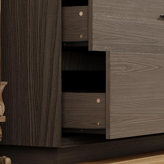 Bedside Table with 6 Drawers, Modern Side Table, Wide Nightstand, Wooden Bed Side Tables, Wood Grain Floor Storage Organizer with Metal Handles for Sofa Couch Bedroom, Dark Brown