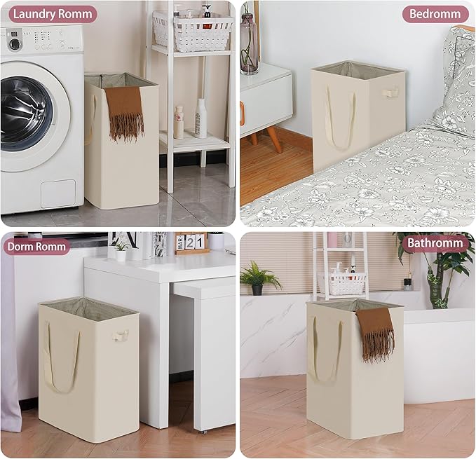 efluky Slim Laundry Basket, Narrow Laundry Hamper with Handles, Collapsible Dirty Clothes Hamper, Tall Laundry Bin for Laundry Room, Dorm and Bedroom, 90L Beige