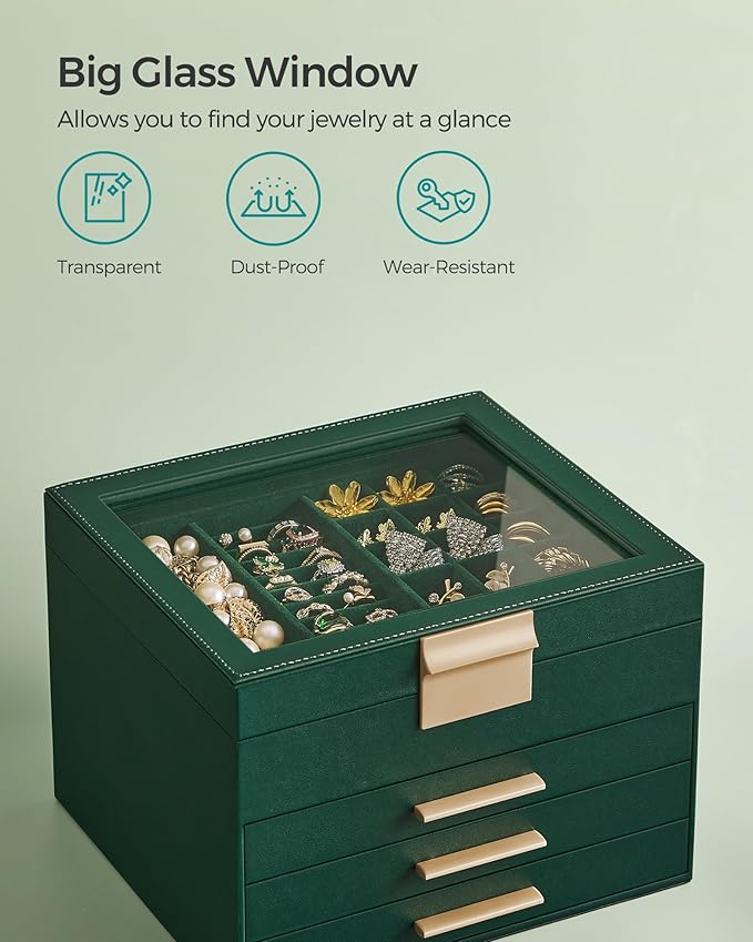 SONGMICS Jewelry Box Organizer with Glass Lid, 4-Layer Jewelry Storage, with 3 Drawers, Modern Style, Christmas Gift, 8 x 9.1 x 6.5 Inches, Forest Green and Gold Color UJBC173C01