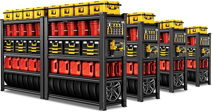 SILVEL 48.2" W Garage Shelving, 5000LBS Heavy Duty Metal Shelving, 2025 Solid Storage Shelves with 2 Side Pegboards, Industrial 5 Tier Shelves for Basement Pantry Warehouse Supermarket, 8 Pack