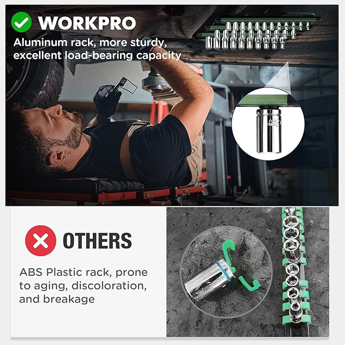 WORKPRO Magnetic Socket Organizer, 3/8-Inch Drive Aluminum Alloy Sockets Rail, Heavy Duty Sockets Holder, Socket Rack Kit 3/8-Inch x 10 Clips Green (Socket not Included)