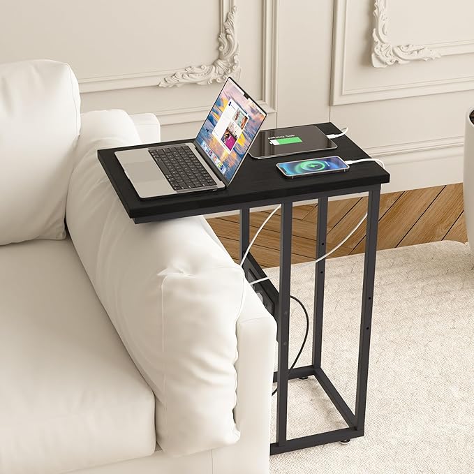 VECELO C Shaped End Side Table with Charging Station & Power Outlets for Couch Sofa/Bed, Snack TV Tray with Metal Frame for Living Room Bedroom 2 PCS, Black