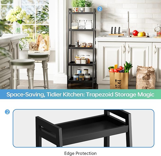 SMIBUY Bamboo Ladder Bookcase, Bathroom Storage Rack Organizer, 4 Tier and 5 Tier Freestanding Plant Display Stand Space Saver Shelves for Bedroom, Kitchen, Balcony (Black, 5 Tiers (50" H))