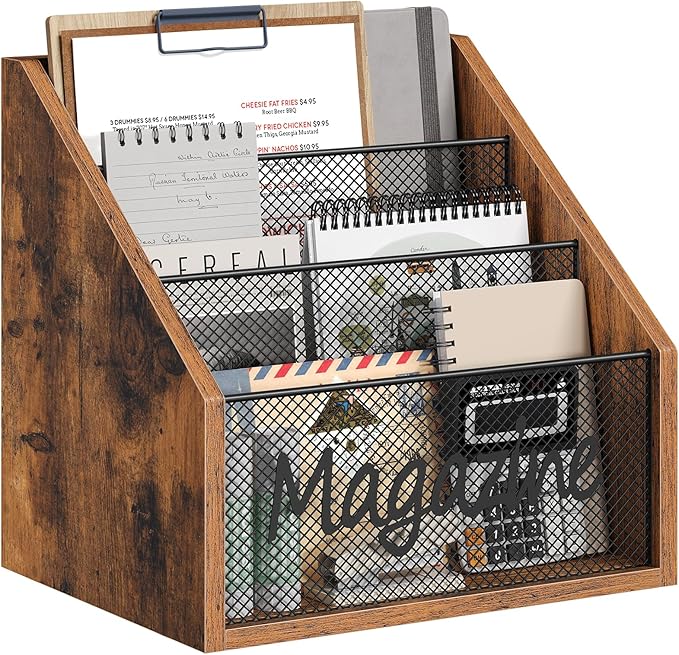 Magazine Holder, Wood Magazine Rack Floor, Mail Organizer Countertop, Magazine Mail Holder Sorter, Record Holder for Magazines, Books, Newspapers, Tablets, Rustic Brown and Black MR02BR