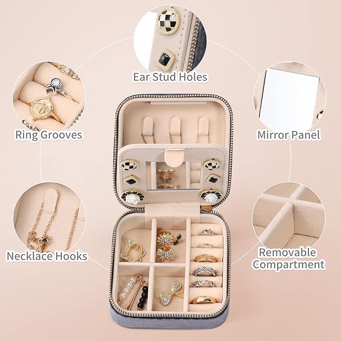 Dajasan Velvet Travel Jewelry Box, Mini Travel Jewelry Case, Small Portable Travel Jewelry Organizer Box with Mirror for Earrings Bracelets Rings Necklace (Grey)