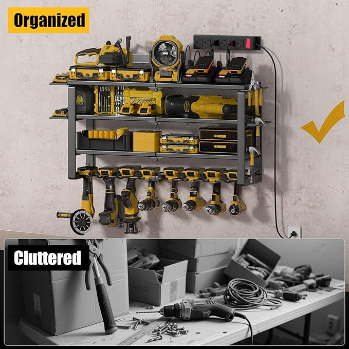 Heavy Duty 4-Tier Power Tool Organizer Wall Mount Rack, Quick Assembly Tool Wall Organizer with 8 Drill Holders & Charging Station, for Garage Workshop Shed Organization - 4 Shelves 8 Slots