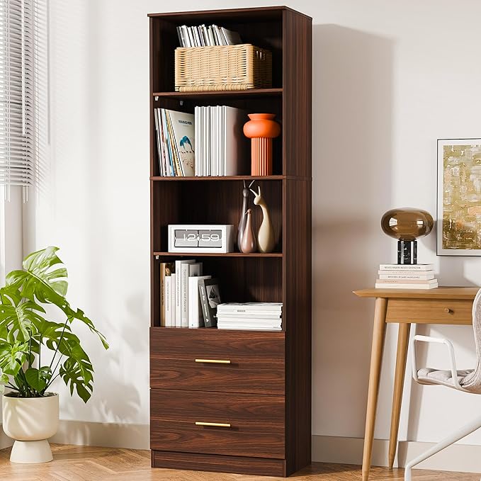Cozy Castle 74.1'' Bookshelf,Tall Bookcase with Drawers, 4-Tier Open Bookshelf with Adjustable Storage Shelves,23.6 Inches Wide Floor Standing Bookcase for Home Office,Bedroom,Living Room,Brown