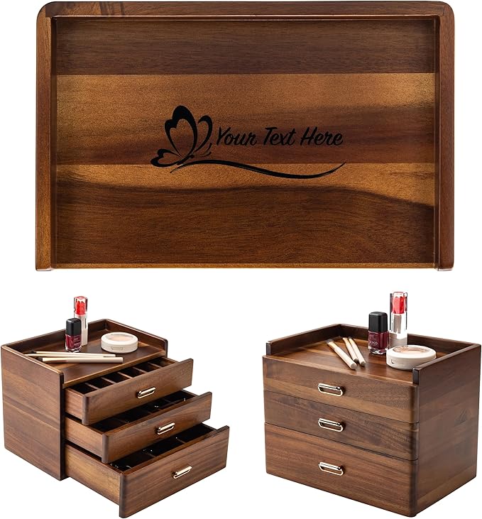 Shanik Personalized Wooden Jewelry Box for Women – Large Three-Drawer Organizer with Compartments for Rings, Necklaces & Earrings