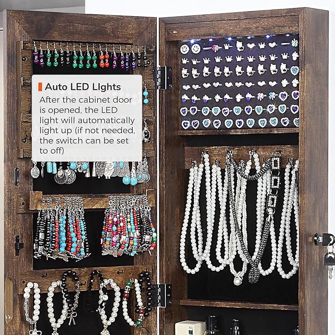 GISSAR Full Length Mirror Jewelry Cabinet, 6 LEDs Jewelry Armoire Wall Mounted Over The Door Hanging, Jewelry Organizer Display Storage Furniture with Lights Locker Mirrored Cabinet, Vintage Brown