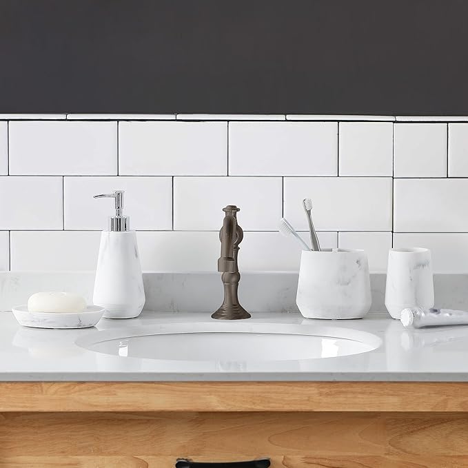 4 Piece Modern Bathroom Accessory Set with Marbled Style and Geometric Design Includes Lotion Dispenser, Toothbrush Holder, Tumbler, Soap Dish (Mordern Style Marble)