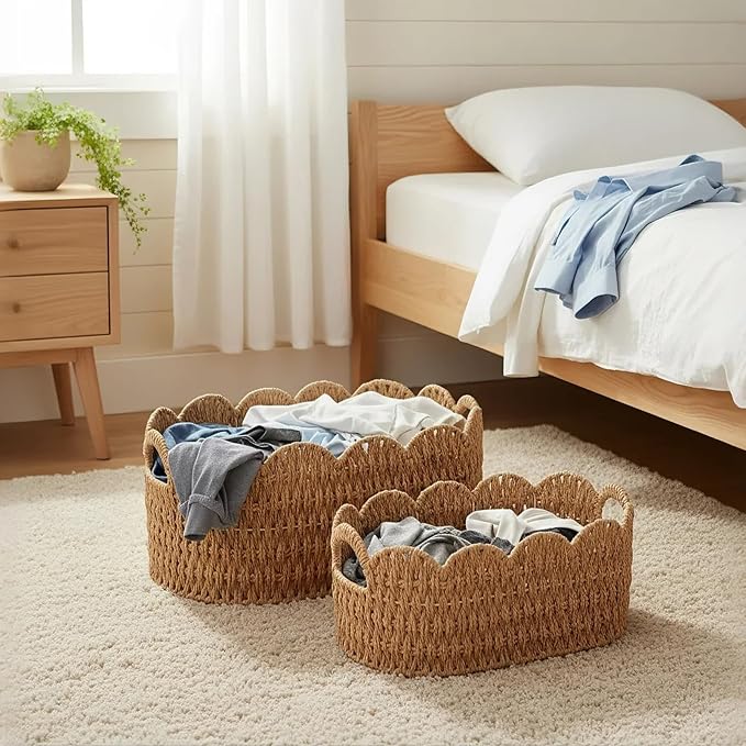 Paper Rope Scalloped Basket Set of 2,Woven Storage Baskets for Shelves,Laundry,Towels,Clothes,Books,Toys,Cute Decor Baskets for Organizing,Natural Color