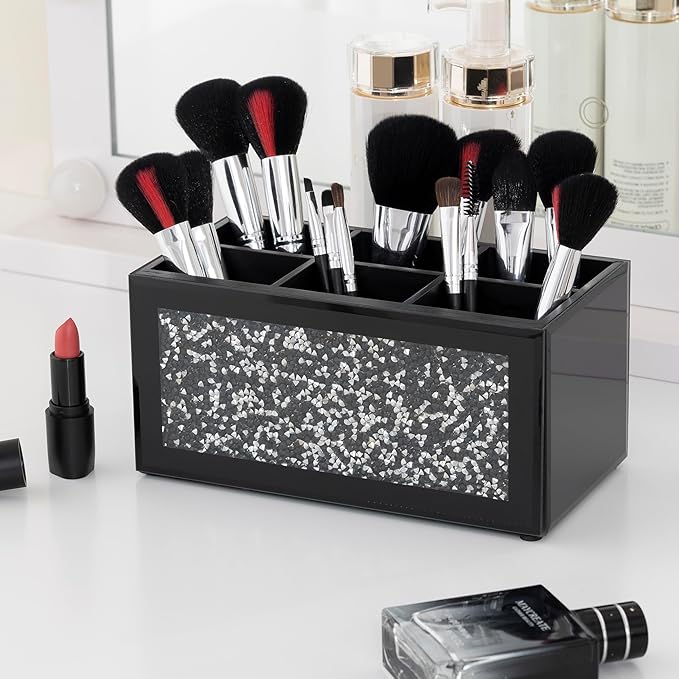 SHYFOY Remote Control Holder with 6 Compartments, Black Glass Desktop Organizer, Crystal Detail Design, 4.3x8.3x4 Inches, Multi-Purpose Storage Caddy for TV Remotes and Office Supplies