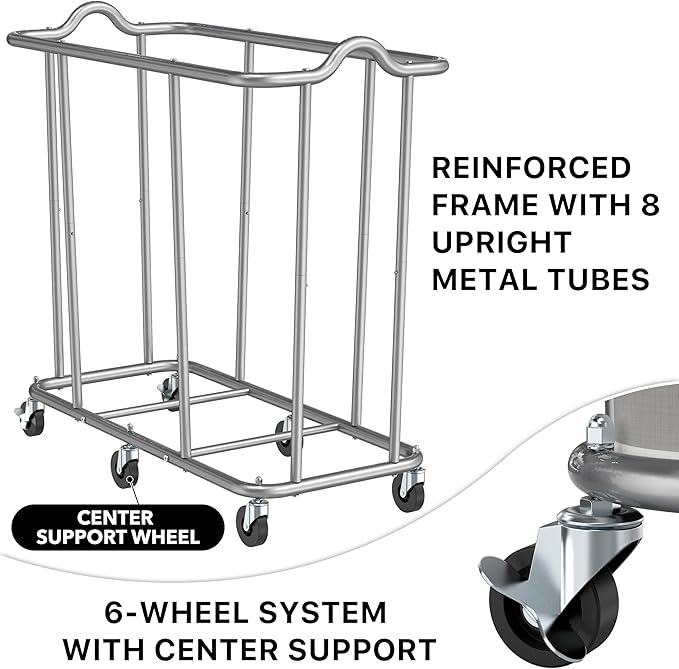 Simple Houseware Extra Large 2 Section Rolling Laundry Cart 265 Liter – Heavy Duty Hamper with 2 Removable Bags & 6 Smooth Wheels – Commercial Laundry Organizer for Home, Hotel, Dorm, Gym, Gray