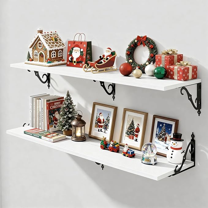 Fun Memories Large Floating Shelves for Wall 48 Inches Long, 12 Inch Deep Shelves with Metal Bracket, 48 Inch Floating Shelves Wall-Mounted, Wide Display & Storage Bookshelves, White, Set of 2