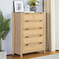 5 Drawer Dresser with Rattan Finish, Modern Farmhouse Chest of Drawers with Metal Handles, Accent Wood Storage Cabinet for Bedroom, Living Room (Natural)