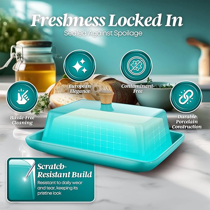Flexzion Ceramic Blue European Butter Dish with Lid for Countertop (7 Inch) - Wide 2 Stick Double Butter Holder for Counter, Cream Cheese Container Storage Keeper