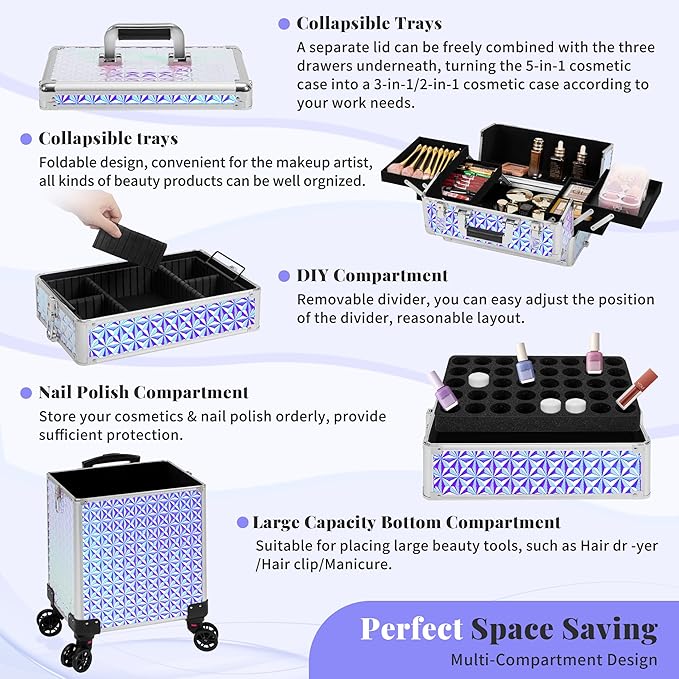 AROUS 5 in 1 Rolling Makeup Train Case Cosmetology Case on Wheels Large Cosmetic Organizer Travel Cart for Hairstylist Artist Nail Beauty Salon Barber,Silver