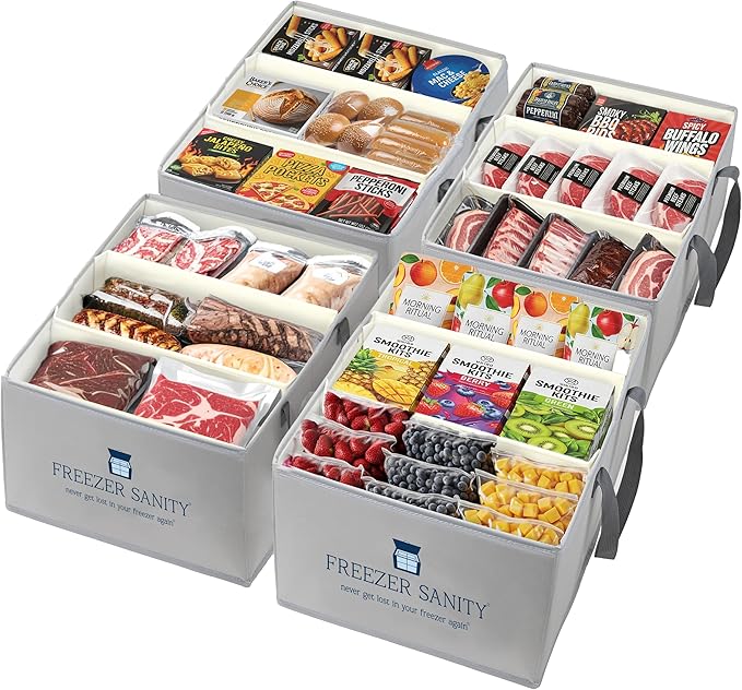 The Original Chest Freezer Organizer Bins, Stackable Storage Organizers, Deep Freezer Dividers, Handles, Heavy-Duty, Water-Proo (4 Pack Large 19x14x9)