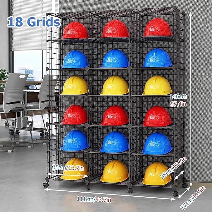 Stackable Safety Helmet Storage Boxes, Large Adjustable Hard Hat Placement Organizer Rack,with Wheels,for Construction Site/Garage/Workshop/Factory Helmet Display Shelf (Black, 18 Grids-3 * 6)