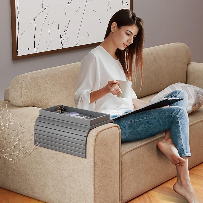 Sofa Armrest Tray Table for Couch - 2-in-1 Foldable Couch Arm Table with Be Slide Detachable Tray - Anti-Slip Sofa Armchair Caddy for Drinks Cup Cellphone TV Remote Snacks (Gray)