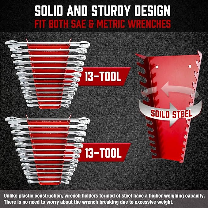 ALOANES 26-Slot Metal Wrench Organizer, Heavy Duty Wrench Organizer Tray for Tool Box, Professional Fit SAE & Metric Wrench Storage, 2 Pack Wrench Holders(Red)