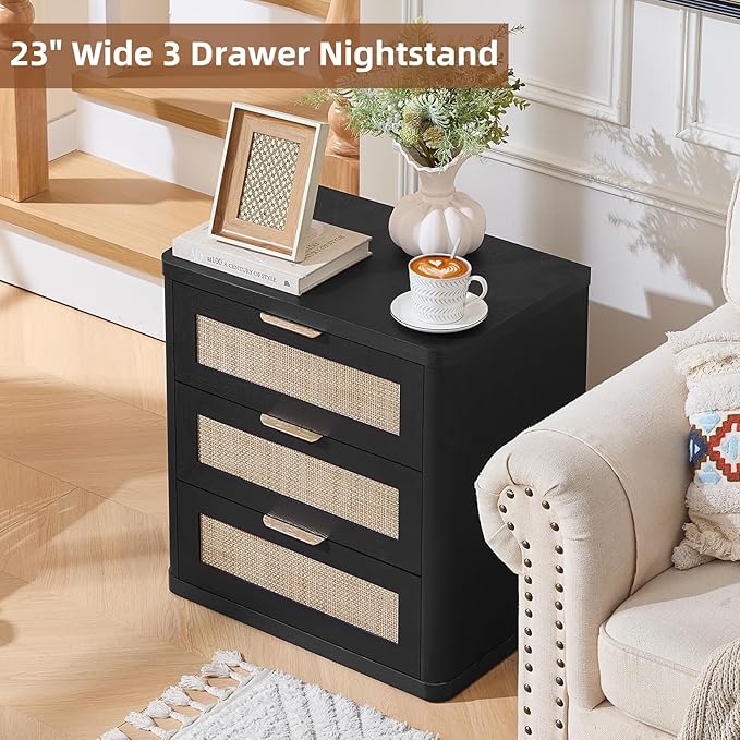 LEYAOYAO Rattan Night Stand Set of 2 with Drawers, 23" Large 3 Drawer Boho Nightstand, Natural Wood Bedside Table Storage Cabinet, Bed Side End Tables Dresser for Bedroom, Living Room, Hallway, Closet