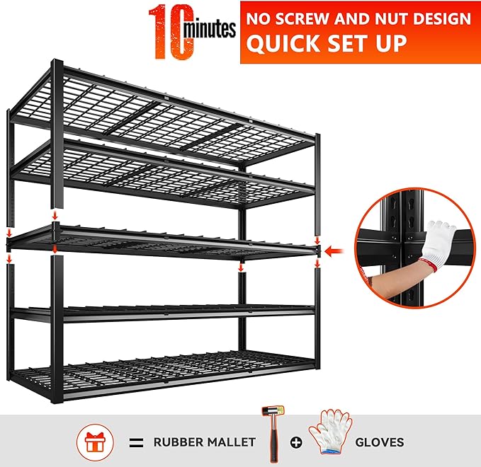 REIBII 60" W Garage Shelving Heavy Duty Metal Shelving 3000LBS Storage Shelves Adjustable Metal Shelves for Storage Industrial 5 Tier Garage Shelves for Warehouse Basement Pantry 60"W x 24"D x 72"H