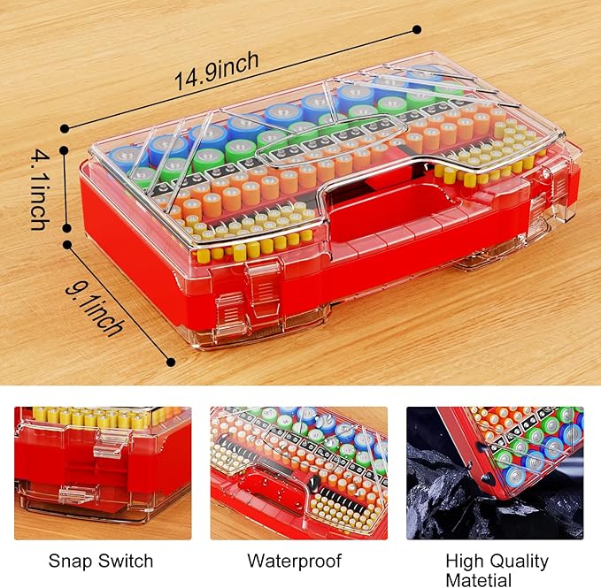 Battery Organizer Storage Holder Box Case with Tester - 285 Batteries Double-Sided Variety Pack, Holds AA AAA 4A C D Cell 9V 3V Lithium LR44 CR2 CR123 CR1632 18650 Button