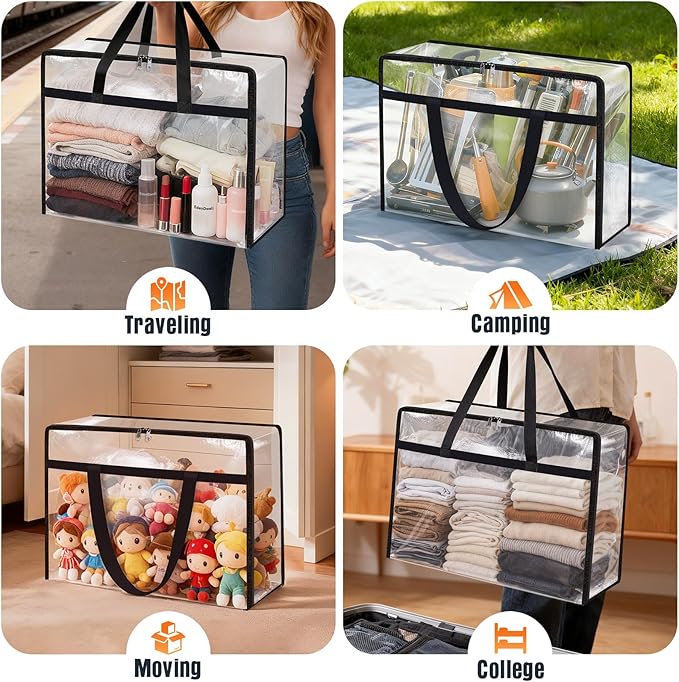 Clear Under Bed Storage Containers - 6 Pack Large Capacity Clothes Storage Bags with Lid & Sturdy Handles, Foldable Moving Bags, Clothing Organizer Totes for Bedding, Comforter, Sheet（90 L）