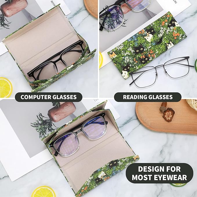 Foldable Glasses Case, Magnetic PU Leahter Sunglasses Case, Cute Hard Shell Folding Eyeglass Cases for Women Kids