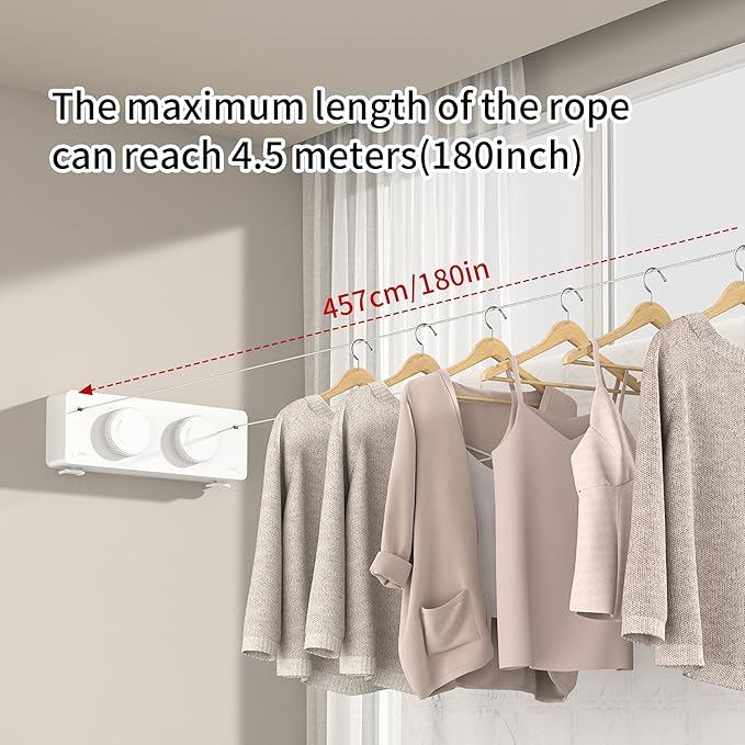 JOOM Retractable Clothesline Indoor Outdoor Clothes Line - Heavy Duty Clothes Drying Laundry Line - Wall Mounted Drying Rack - Air Dry Clothing Lock to Prevent Sagging (Two line,White)